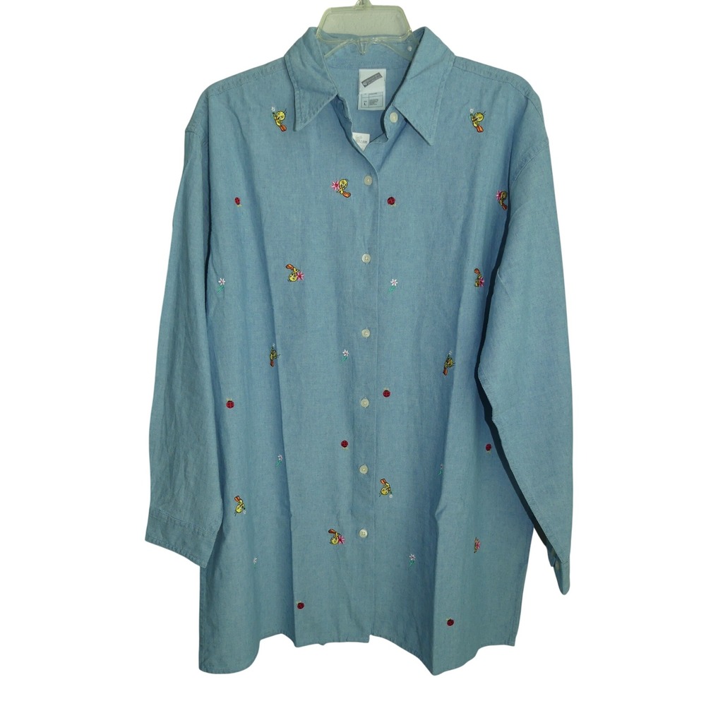 Warner Bros Studio Tweety Bird Embroidered Chambray Shirt L Flower Lady Bug NEW
